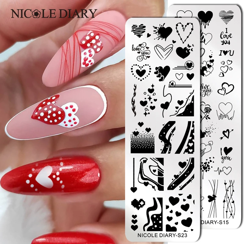 

NICOLE DIARY Heart Love Nail Art Stamping Plate Geometry Wave Line Image Nail Stamp Templates UV Gel Polish Printing Plate Tools