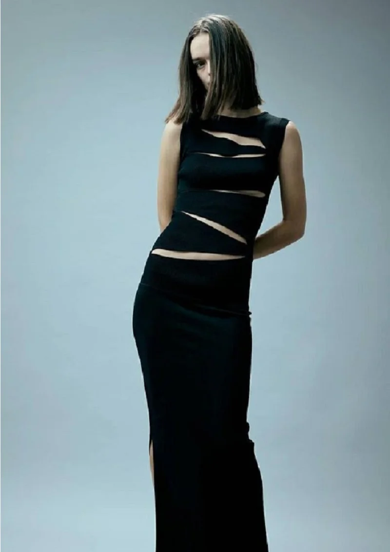 

2022 Summer Women Sexy Sleevelss O Neck Hollow Out Black Mini Bodycon Bandage Dress Elegant Evening Club Party Dress