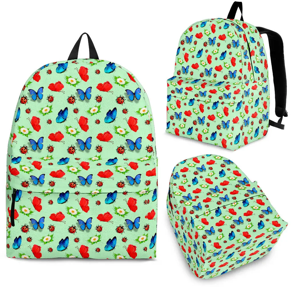 

YIKELUO Butterfly Seven Star Ladybug 3D Student Textbook Backpack Comfortable Adjustable Shoulder Strap Green Insect Bag