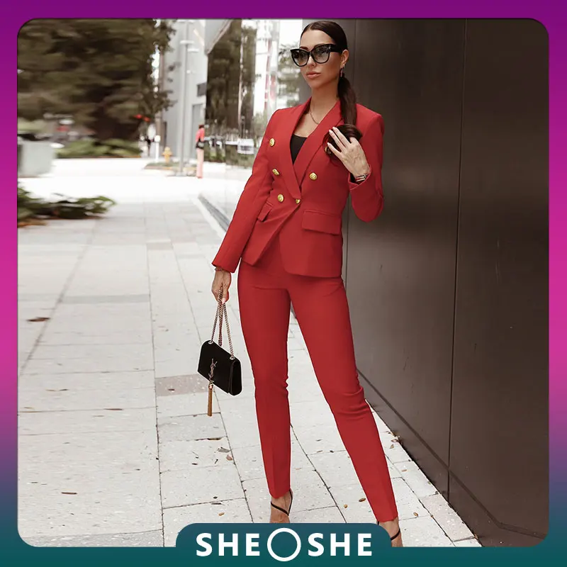 Autumn New Professional OL Temperament Slim Red Blue Suit Jacket High Waist Trousers Suits for Women Elegant Business Suit