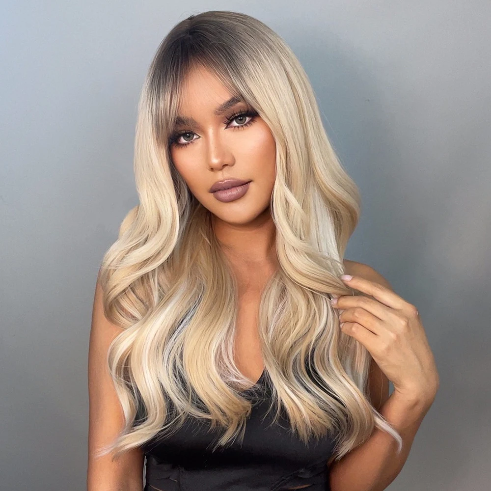 ALAN EATON Highlights Blonde Hair Long Water Wave Synthetic Wigs with Bangs for Women Ombre Golden Wigs Heat Resistant Fiber