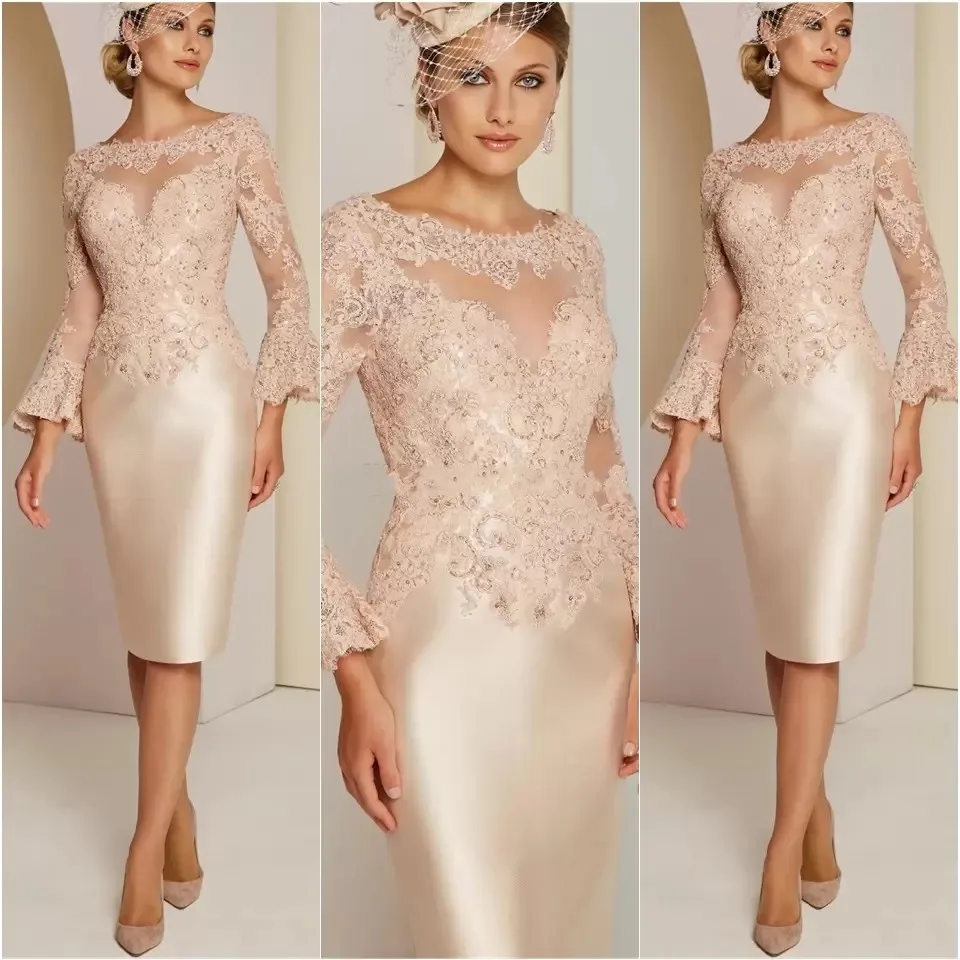 

Sheath Mother of the Bride Dress Vintage Luxurious Plus Size Jewel Neck Knee Length Satin Lace Long Sleeve with Beading Applique