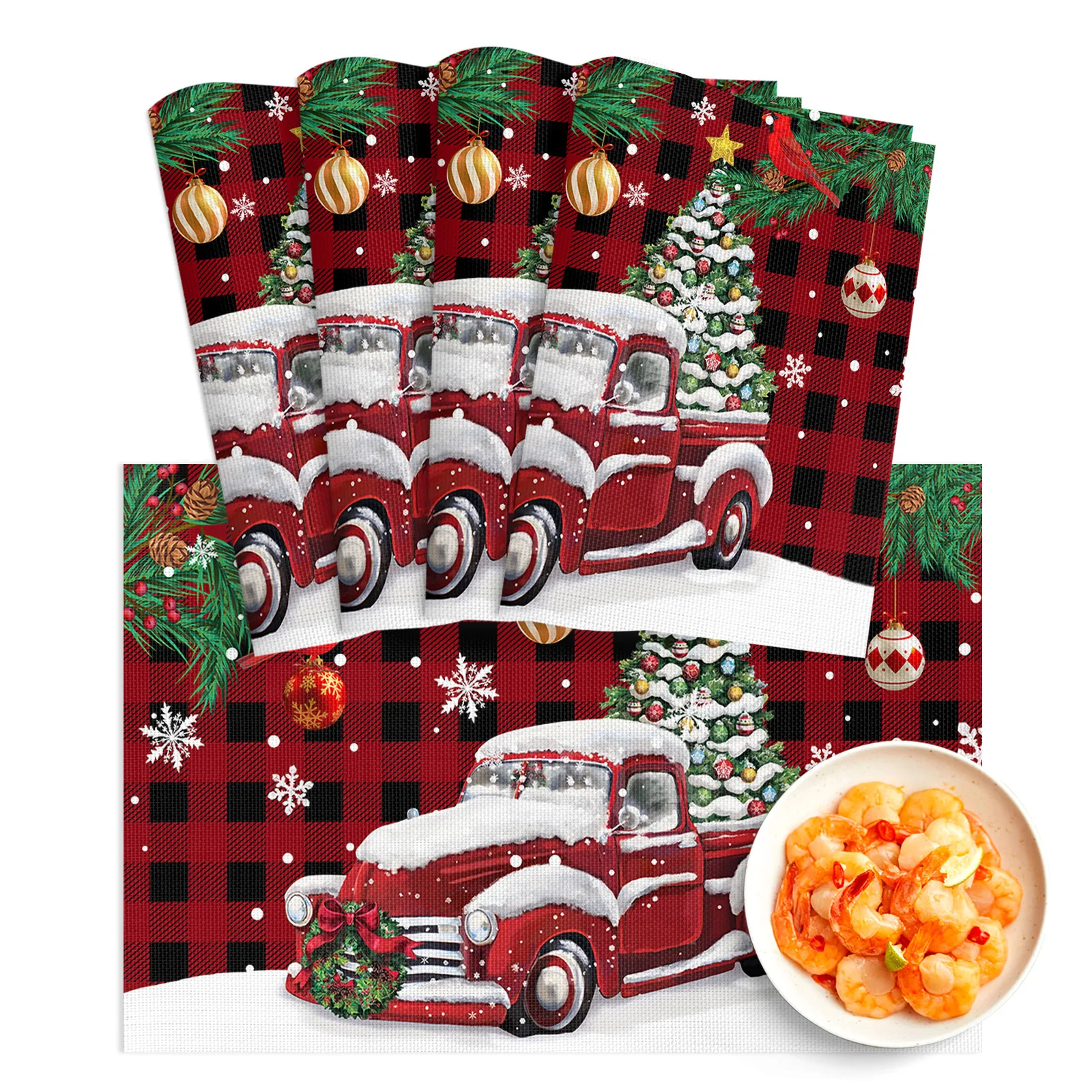 

4/6Pcs PVC Placemats Christmas Truck Cedar Berry Snowflake Robin Dining Disc Pads Bowl Coasters Plate Bar Kitchen Table Mats