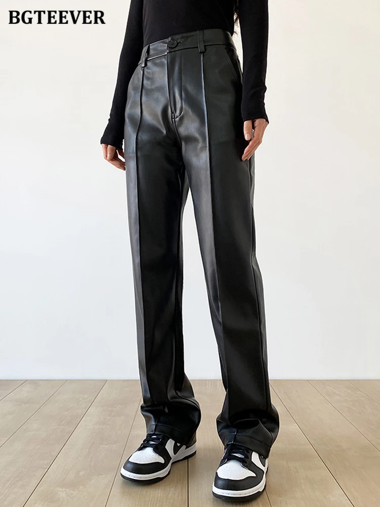 

Стильные свободные брюки BGTEEVER из искусственной кожи, женские осенние брюки с высокой талией из искусственной кожи, Женские винтажные черные длинные брюки из искусственной кожи для дам