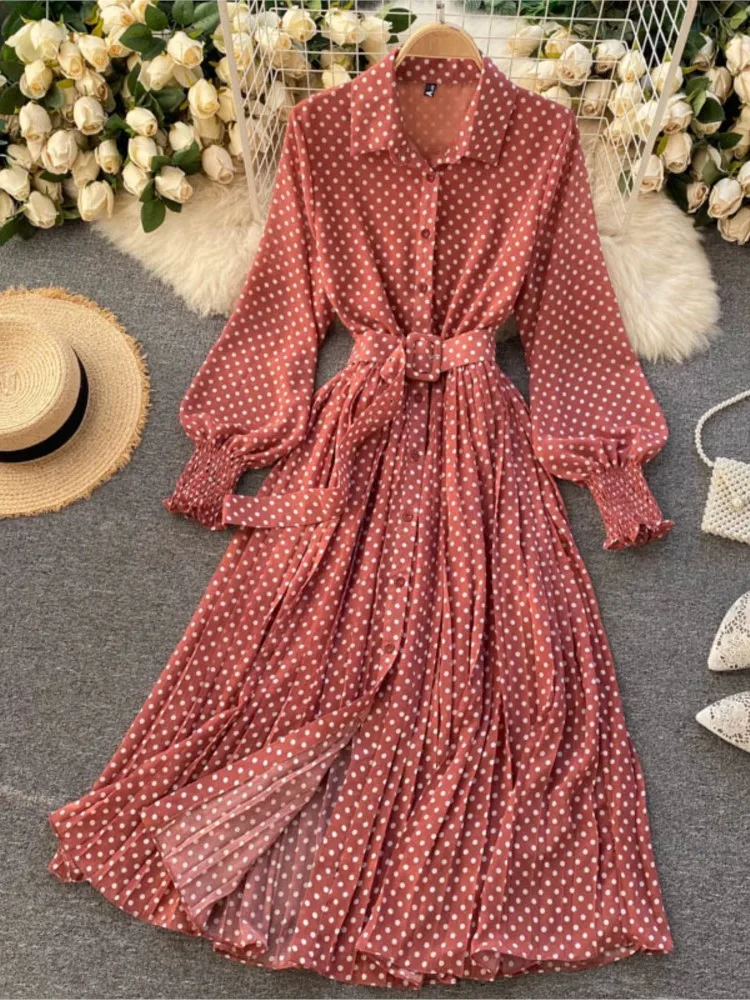 Spring Elegant Purple Women's Polka Dot Pleated Dress 2022 Korean Clothing Long Sleeve Vintage Chiffon Shirt Dress Female Robe