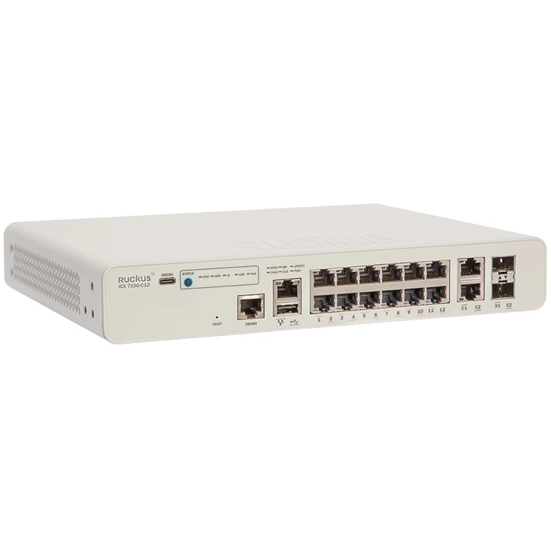 Ruckus ICX7150 Switch ICX7150-C12P-2X10GR 12x10/100/1000 Mbps RJ-45 PoE+ports AP 124W PoE dget 2x10GbE uplink/stacking SFP/SFP+