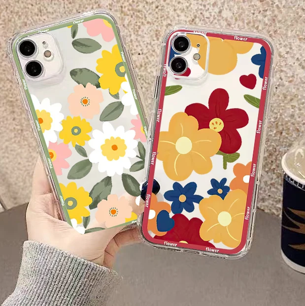 

Colour Cute Flowers For Apple iPhone 13 12 11 Pro Mini X XR XS Max SE 6 6S 7 8 Plus Clear Phone Case TPU Funda Coque Black