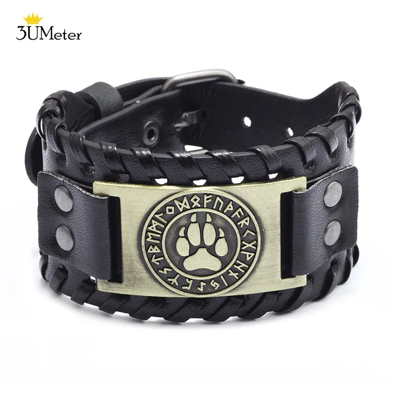 

3UMeter Heavy Metal Punk Leather Bracelet Fashion Vicking Leather Wristband Religious Amulet Odin Rune Bangle Men Retro Jewelry