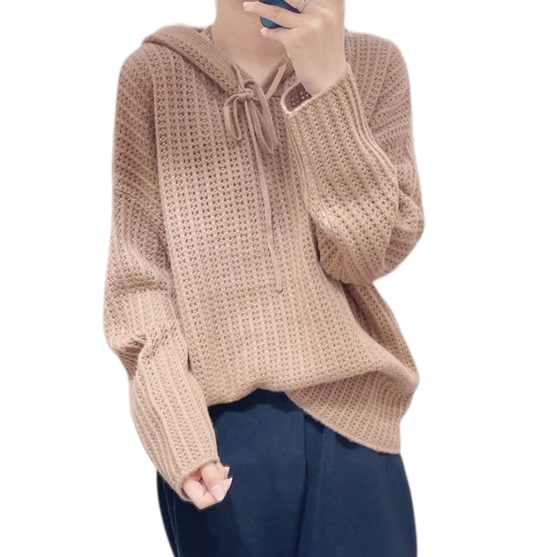 

Женский пуловер из 100% австралийской шерсти, свитер с капюшоном, Свободный Повседневный вязаный женский шерстяной свитер с длинными рукавами и вырезами, распродажа