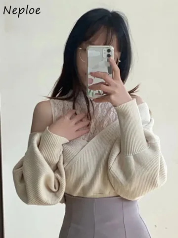 Винтажный кружевной пуловер Neploe в стиле пэчворк с воротником средней длины, вязаные топы с открытыми плечами и штабелируемыми рукавами, японские свободные милые женские топы