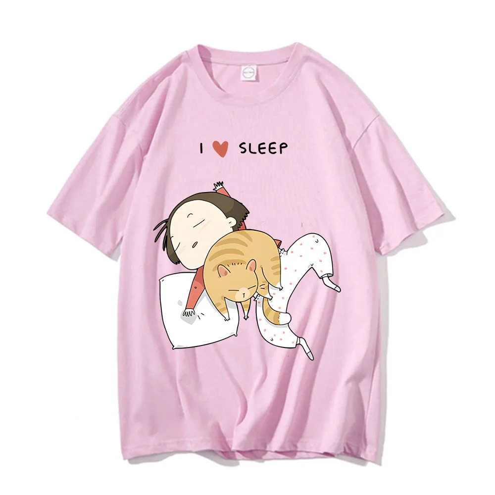

My Daily Life with Cat I Love Sleep Tshirts Men/women T-shirts 100% Cotton Tees Four Seasons Anime Graphic Casual Oversized Soft