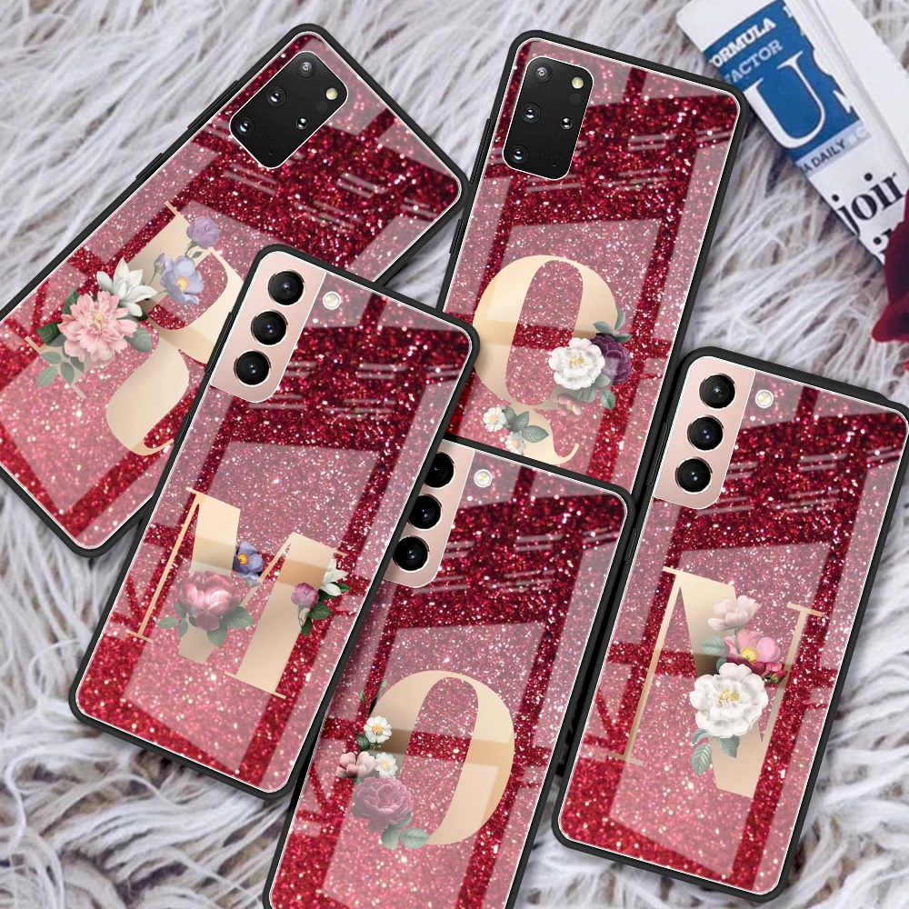 Red 26 Letters Pink R M Glass Case For Samsung Galaxy S20 FE S22 Ultra S21 Plus S10 S9 Note 20 10 Lite 9 8 Fashion Phone Cover