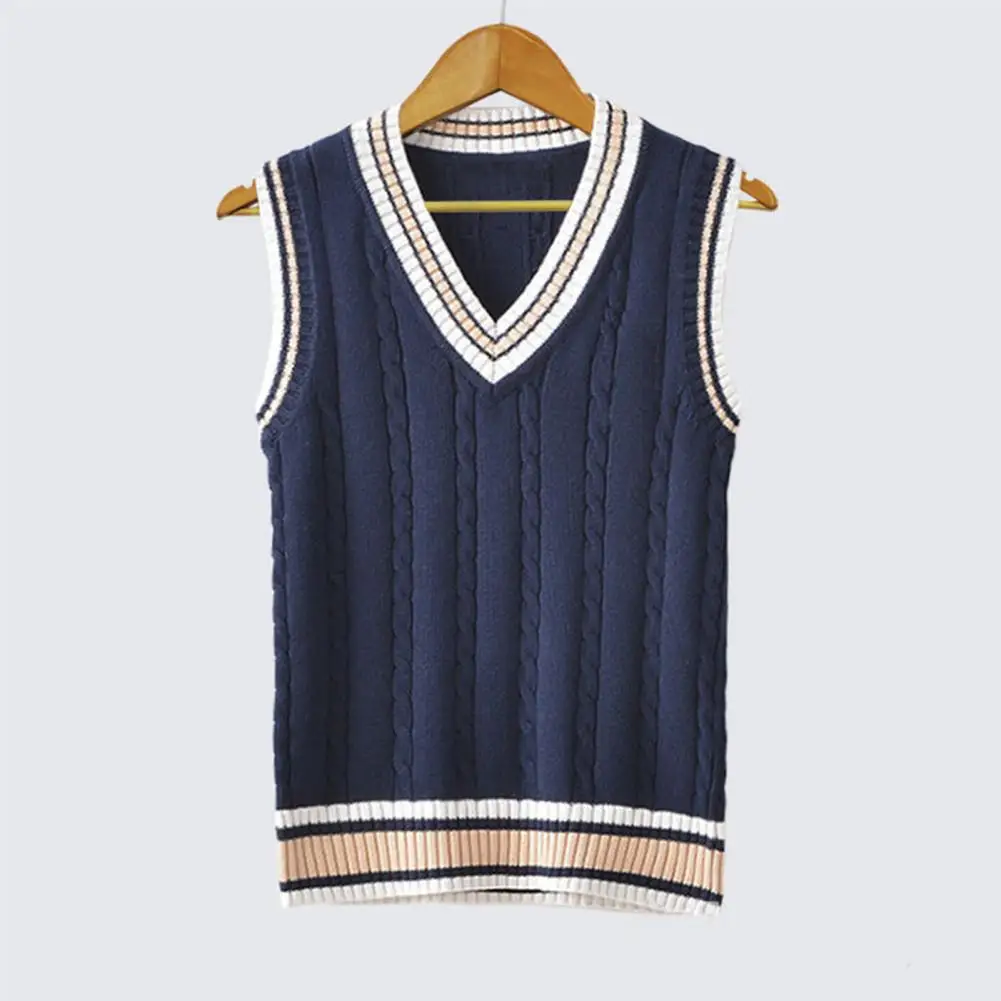 

V-neck Pullover Vest College Style Unisex V-neck Knitted Waistcoats with Twist Texture Striped Splicing for Autumn Winter Color