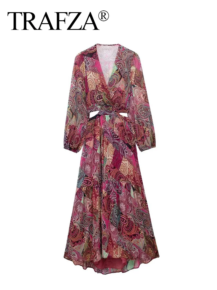 

TRAFZA Lady Midi Dress Fashion Long Sleeve Casual Long Dresses Women Vestidos V-neck Print Women Elegant Office Lace-Up Autumn
