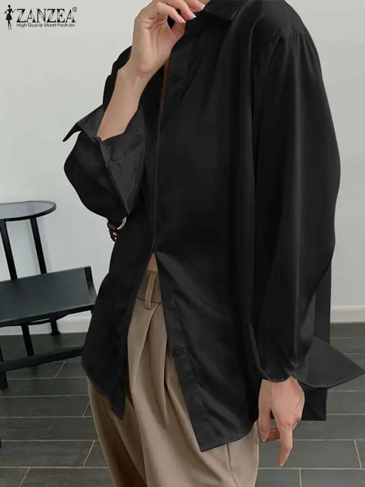 

ZANZEA Women Spring Elegant Stain Blouse Fashion Casual Lapel Neck Long Sleeve Street Chemise Tops Shirt Loose Buttons Blusas