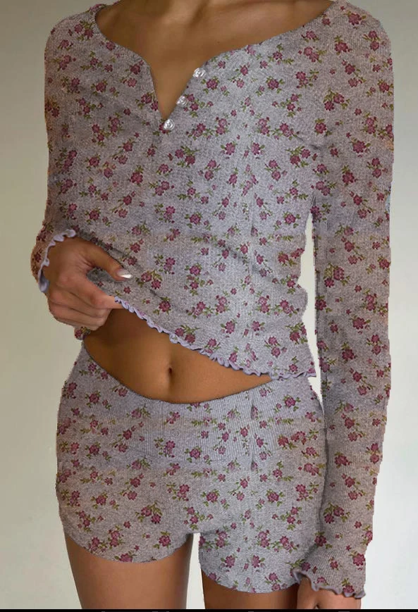 

Women Y2k Vintage 2 Piece Floral Sets Sweet Cute Long Sleeve Crop Top + High Waist Shorts Outfit Cute Loungewear