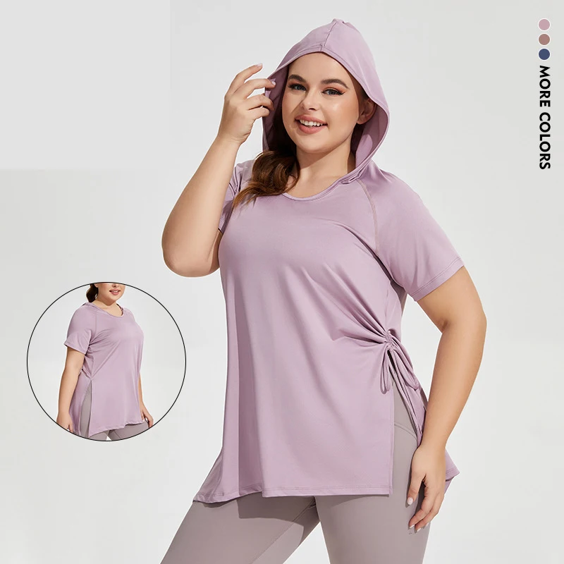 

Plus Size Loose Fit Summer Hooded Sports T-shirt Women Solid Short Sleeve Fitness Quick-Dry Yoga Tops Female 4XL Clothings 2023