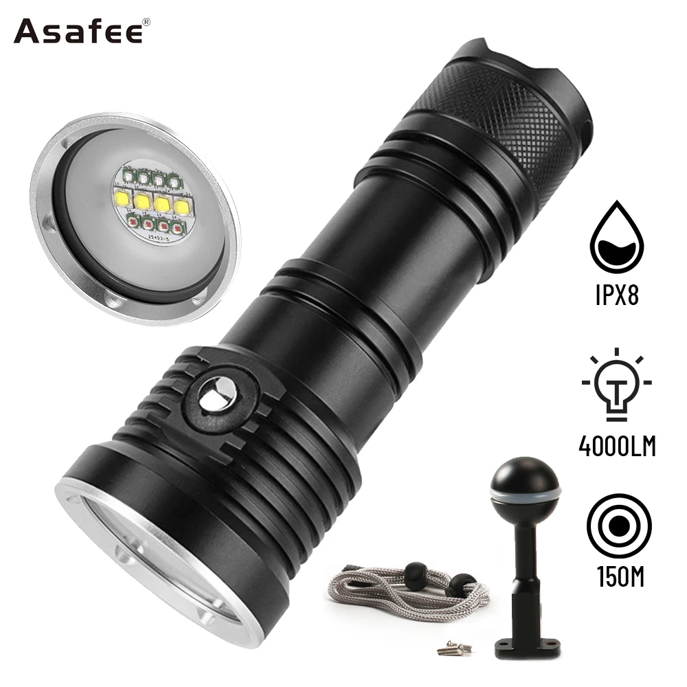 

Asafee DR01 50M Underwater 4000LM Diving Flashlight L2 LED+XPE UV Light Lamp Scuba Lantern IPX8 Waterproof 150M Range Torch