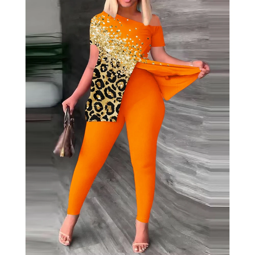 Casual Summer Women Contrast Leopard Print Skew Neck Slit Top & Pants Set Female Short Sleeve 2 piece Suit Sets New IN Outfits