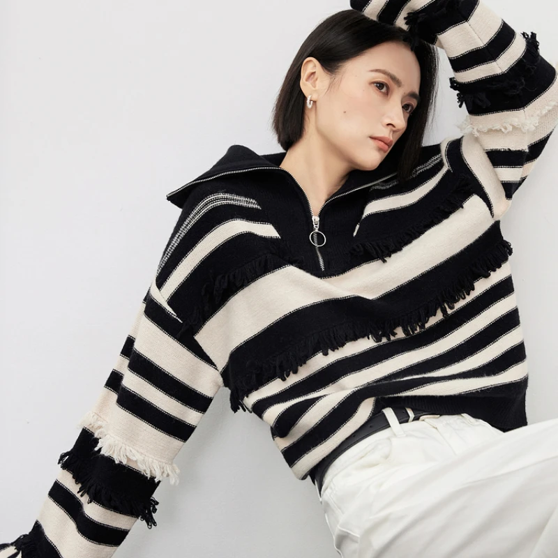 Пуловеры женские с полумолнией вязаные повседневные полосатые кисточками Ins