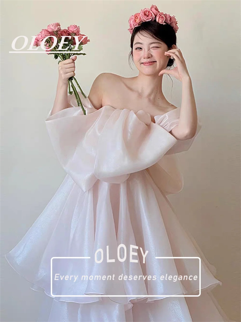 Фото OLOEY Fairy Baby Розовое вечернее платье трапециевидной формы для выпускного вечера с открытыми плечами из шелковистой органзы Корейское вечернее платье для свадебной фотосессии №4