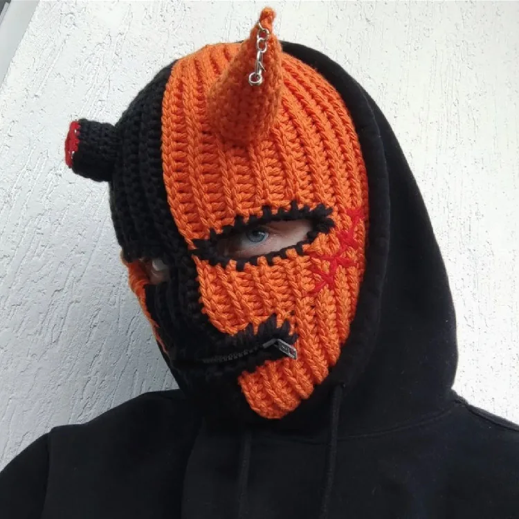 

autumn winter knitted hats for women Halloween party funny parent-child horn mask wool hat zipper hollow out skullies beanies