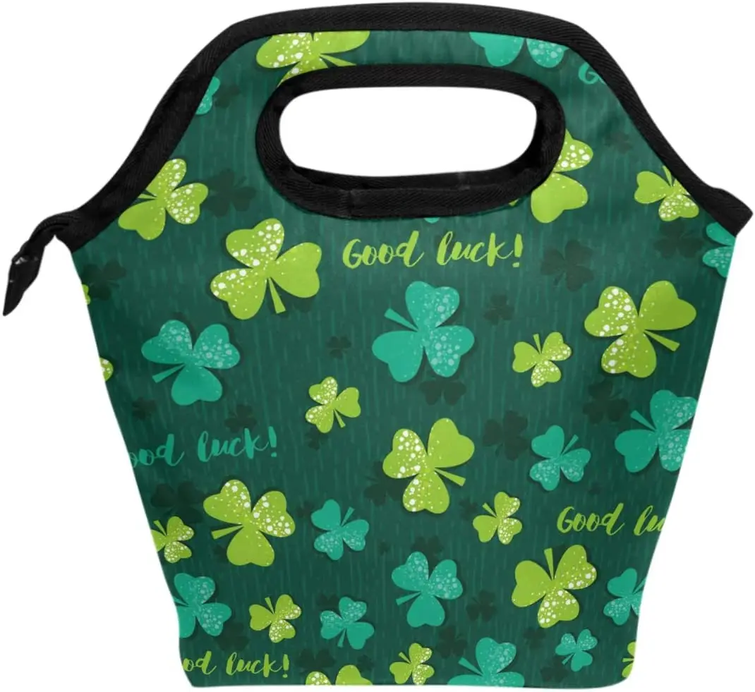 

Patricks Green Shamrock Clover Insulated Cooler Thermal Reusable Bag Tote Lunch Box Portable Handbag for Women Men