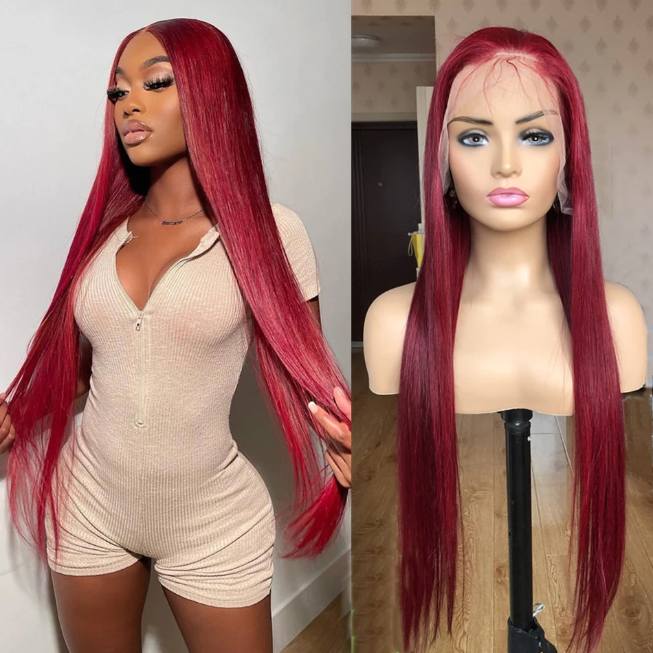 Burgundy 99J Straight Lace Front Wig For Women HD Transparent Lace Frontal Human Hair Wigs Pre Plucked Red Colored Brazilian Wig