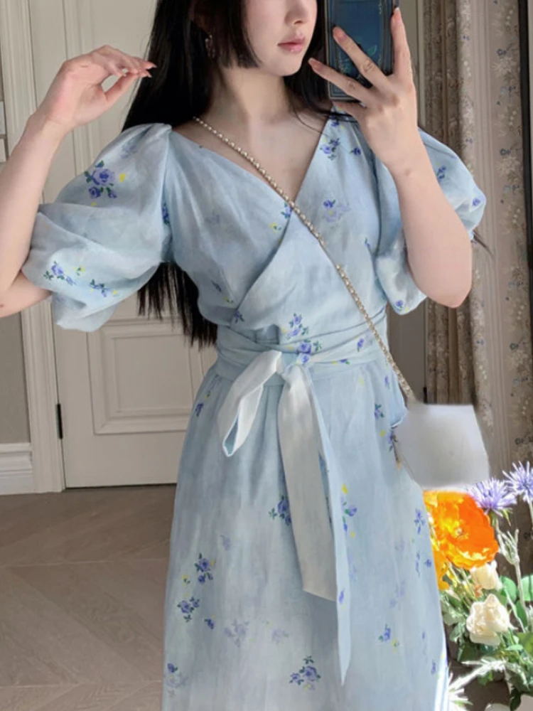 

French Floral Vintage Dress V-neck Puff Sleeve Slim Bandage Elegant Fashion Midi Dress Beach Even Party Dress Women Summer 2022