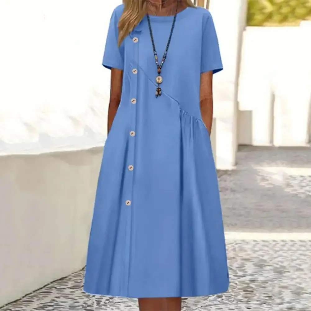 

Женское платье-миди на пуговицах, с круглым вырезом