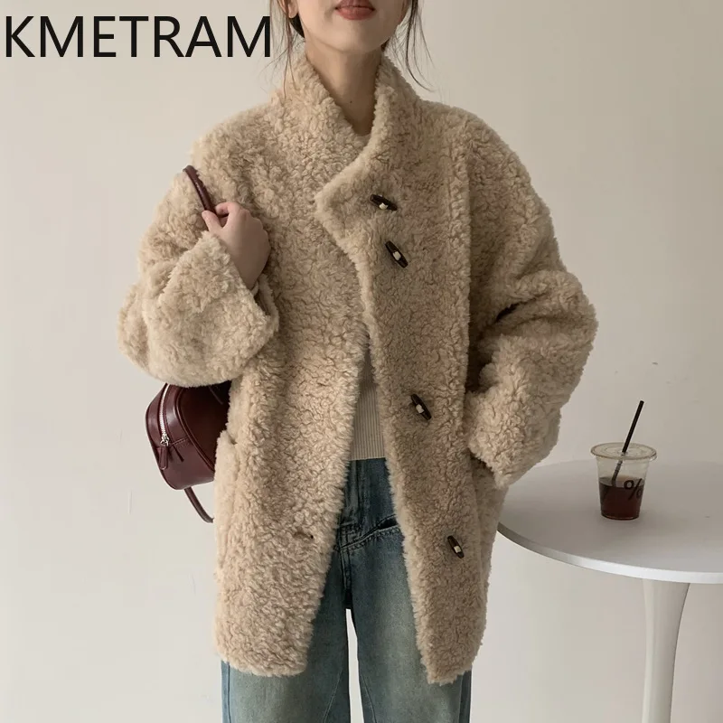 Фото Пальто KMETRAM из 100% шерсти, с воротником-стойкой, средней длины, из овчины, 80 см, свободного кроя, зимняя верхняя одежда, женская одежда 2026, куртка №2