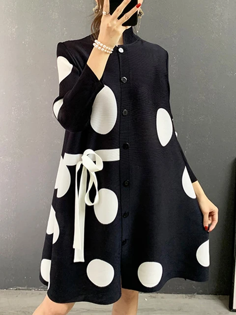 GVUW Stand Collar Pleated Dress 2023 Autumn Single Breasted Drawstring Dot Printing Festival Clothing Women Elegant 25D1062 2