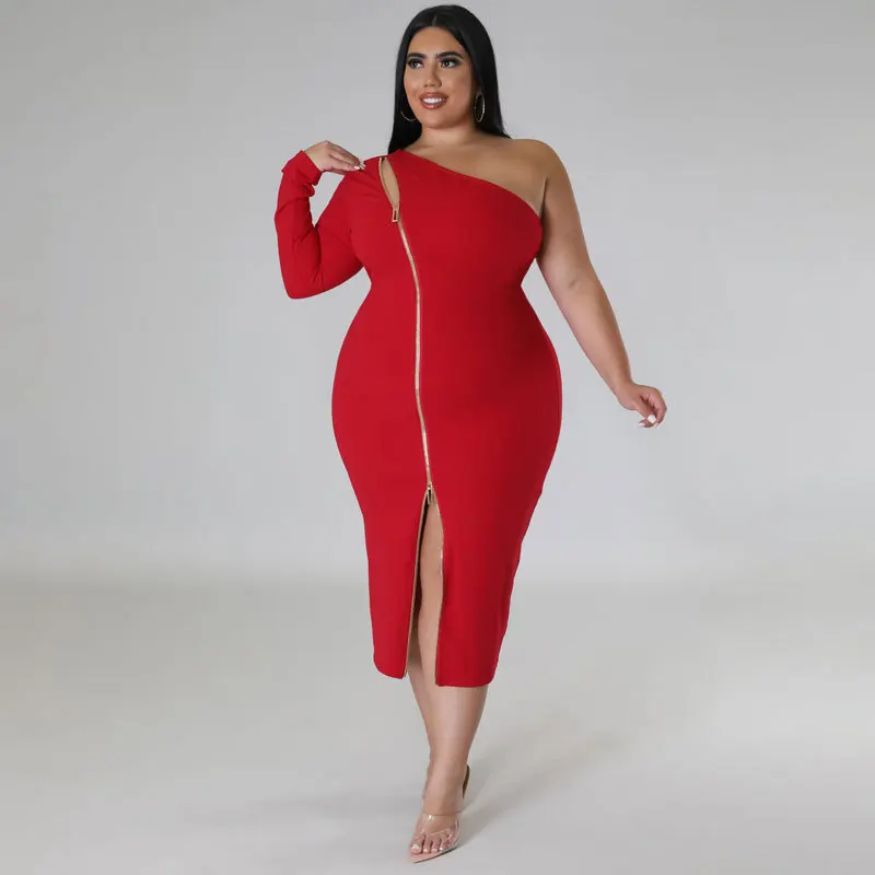 2023 Spring Women Dress Zipper Hollow Out One Shoulder Fashion Elegant Cloth Female Luxury Gown Plus Size Evening Party Dress