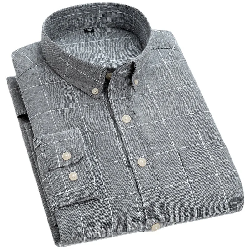 Oxford Spun Shirt 56% Cotton Spring and Autumn Youth Leisure Long Sleeve Plaid Cardigan Solid Color Patchwork Square Neck Shirt
