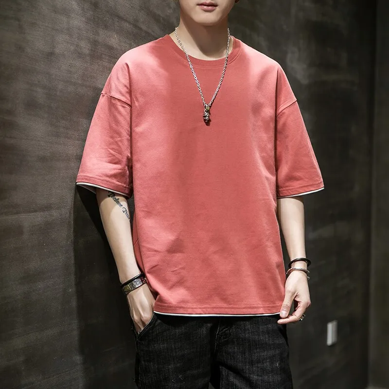 

Summer loose men's trend round neck T-shirt cotton t-shirt top bottom shirt large men's wear
