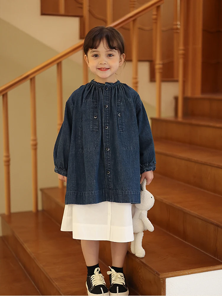 

Denim Jackets For Girls Front Open Casual Outerwear Long Jean Shirt Spring Kid's Clothing Long Sleeve Children Smocked Coat 2-8Y