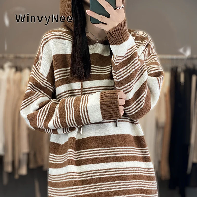 Фото Женская вязаная туника WinvyNee с капюшоном и круглым вырезом, теплая, 100% шерсть, в полоску, свободного кроя, шелковистая, стильная, для холодной зимы, повседневная одежда, модель A1853006 №1