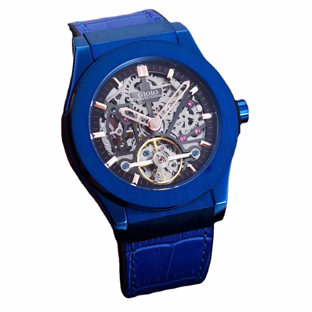 

men Automatic Mechanical watch Gold Black Blue Titanium Leather Tourbillon