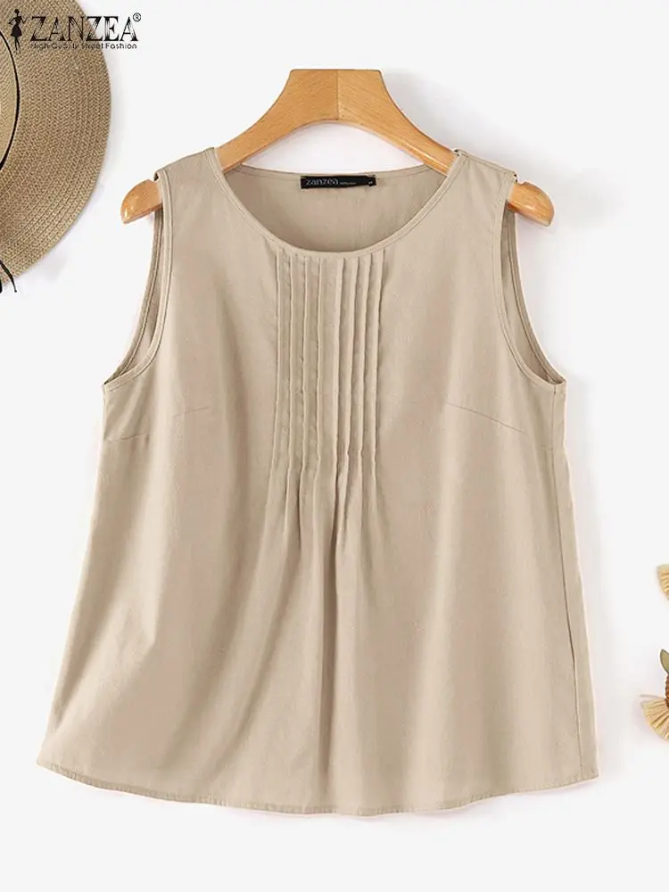 Винтажная однотонная летняя блузка ZANZEA без рукавов с круглым вырезом стильная