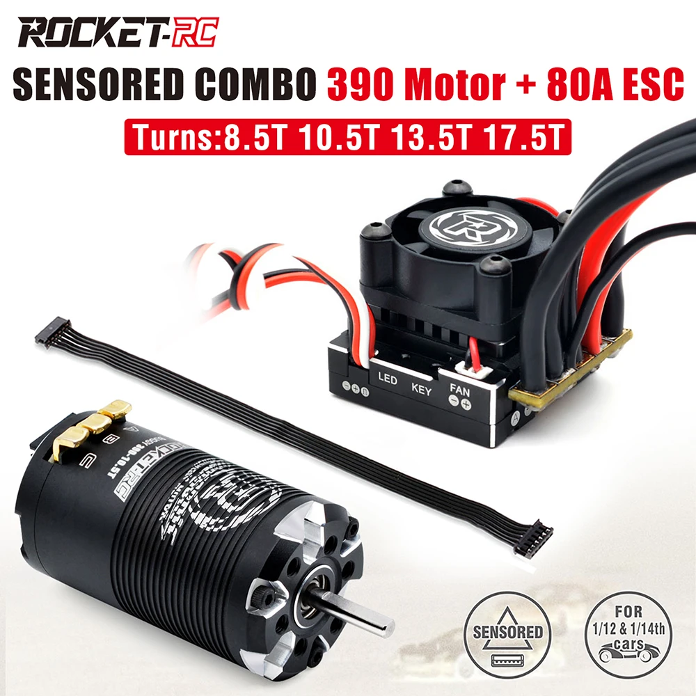 Rocket-RC Motor Supersonic 390 Sensored Brushless Motor and 80A ESC for 1/12 1/14  Buggy Truck Crawler RC Car 8.5T 10.5T 13.5T