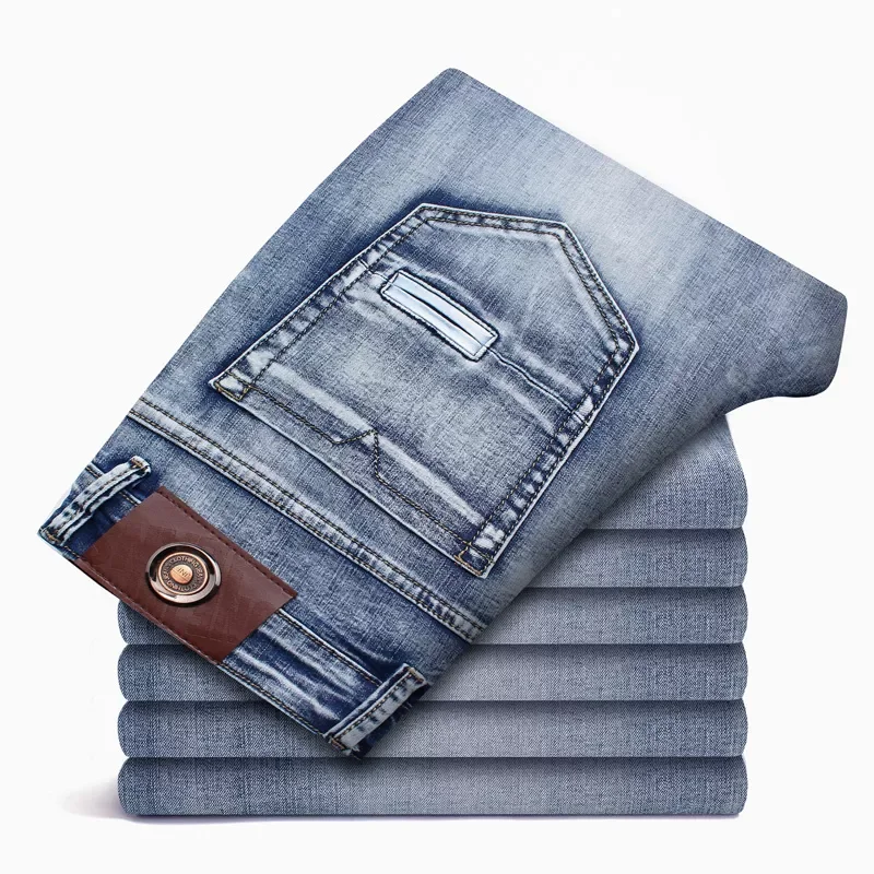 

NEW IN Slim Jeans Men Classical Fashion Elasticity Denim Pants Light Blue Washed Brand Casual Trousers Male Plus Size 40-46