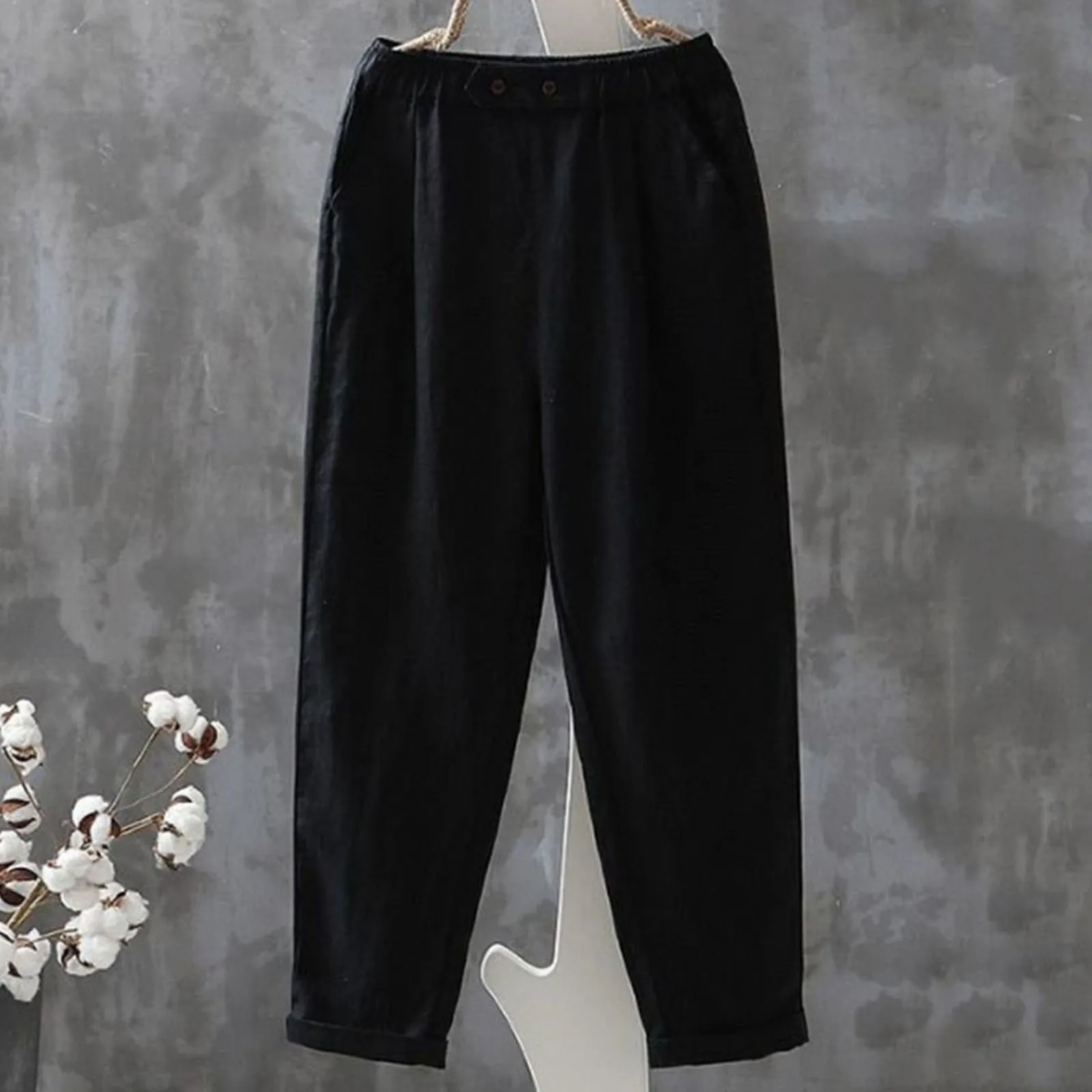 Women's Vintage Loose Casual Trousers Fashion Large Size Slim Nine Point Pants Office Lady Solid Color Button Wide Leg Trousers