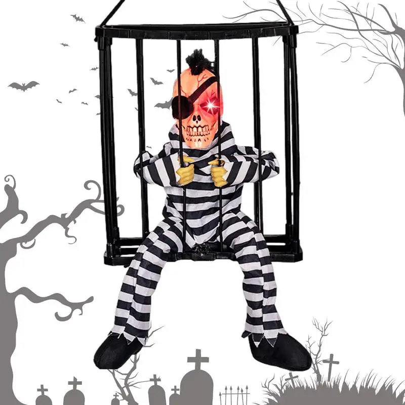 

Клетка в виде заключенного на Хэллоуин, анимированное украшение для дома с привидениями, реквизит, визжащий Декор на Хэллоуин с датчиком движения и яркости