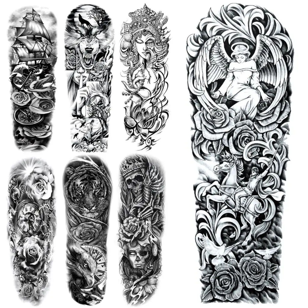 

Full Sleeve Temporary Tattoos For Women Adults Angel Wings Wolf Compass Rose Flower Tiger Lotus Fake Tattoo Sticker Arm Tatoos