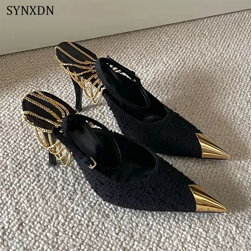 

SYNXDN Chain Women Pumps Thin Heels Pointed Toe Spring Summer Buckle Sandals Party Wedding Elegant Shoes 2022 New