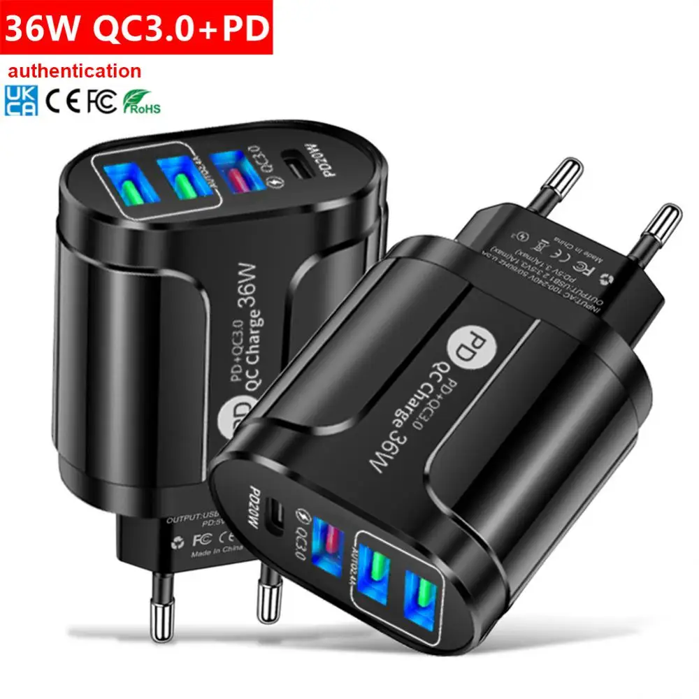 36W PD+QC3. 0 2.4a EU US UK Standard Plug USB Charger Fast Charging Mobile Phone Charger 3usb With PD Charging Head For Phone