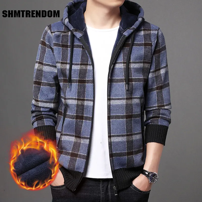 Top Quality New Brand Fashion Woolen Thick Velvet Hooded Casual Baseball Collar Jacket Men Plaid Cardigan Coats Men Clothes