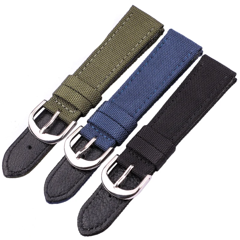 Canvas Nylon Genuine Leather Watch Band Strap 18mm 20mm 22mm 24mm Men Women Black Blue Green Women Fashion Watchband Bracelet