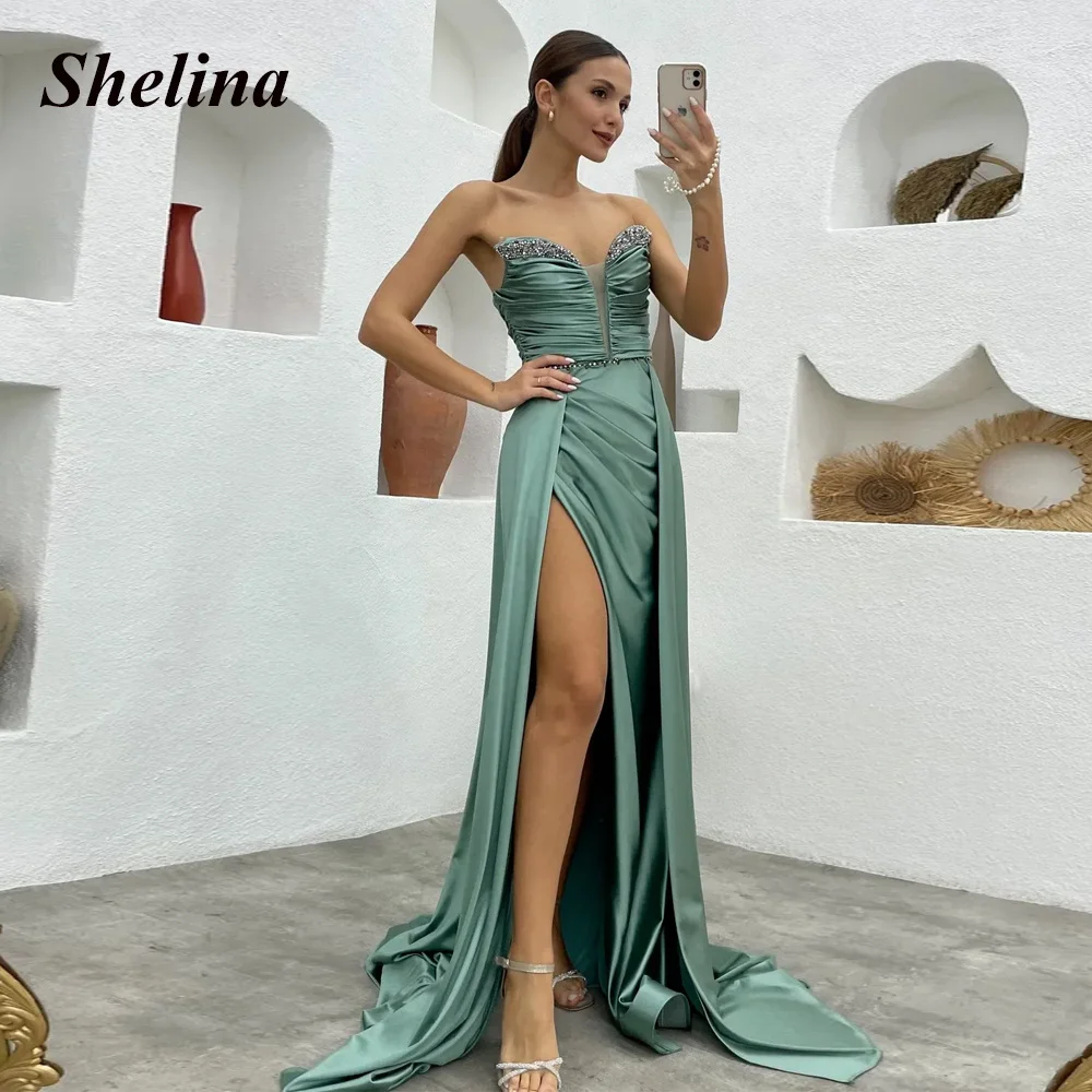 

Shelina Stylish Evening Dress For Women Sweetheart Crystal Slit Backless A-line Sleeveless Pleat Vestido De Noche Drop Shipping