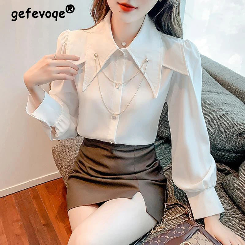 Female Simple Pointed Collar Elegant Puff Sleeve Shirt Women 2022 Spring Autumn New Korean Fashion Office Lady Blouses White Top